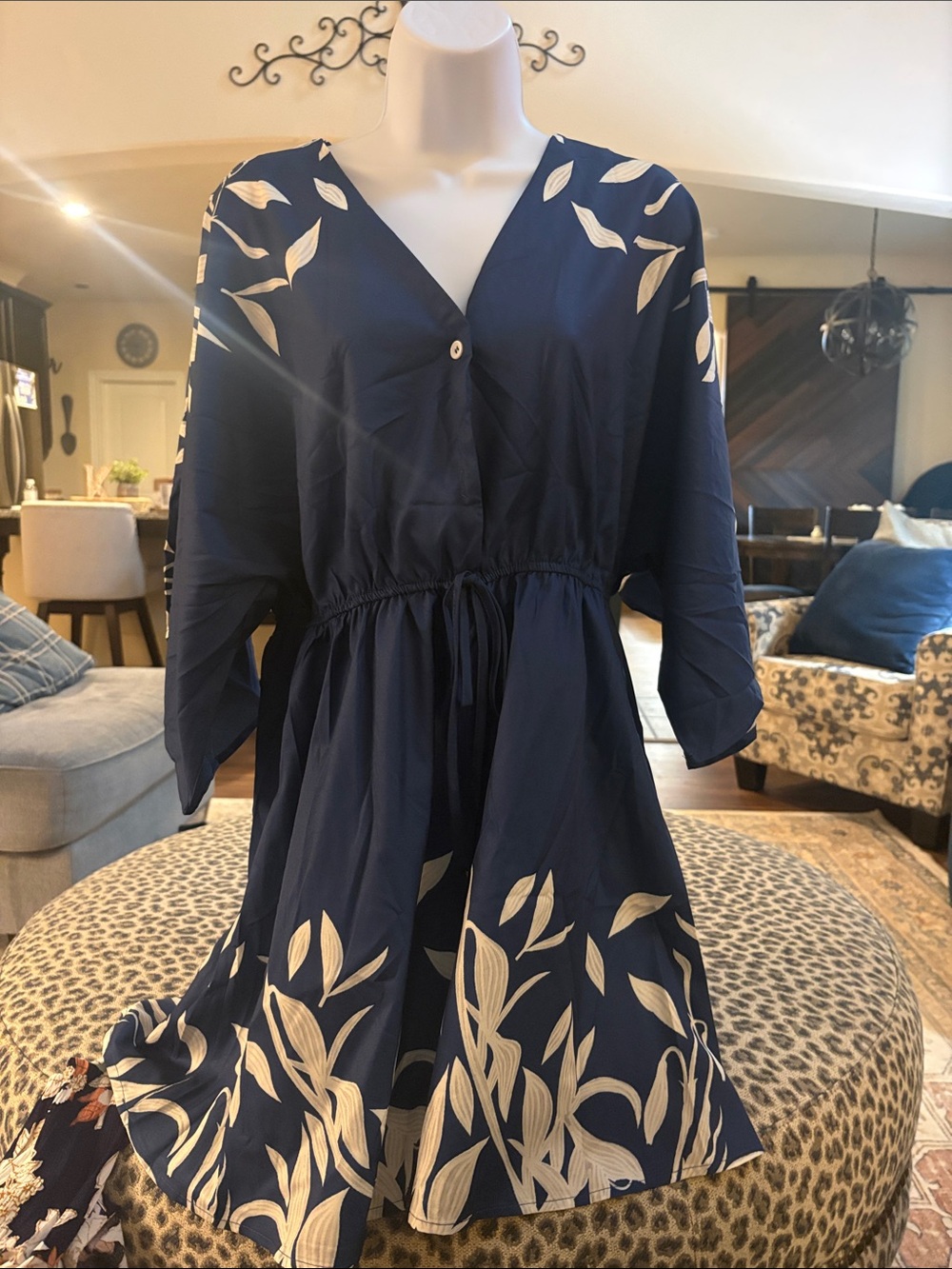 Navy Floral Drawstring Waist Dress